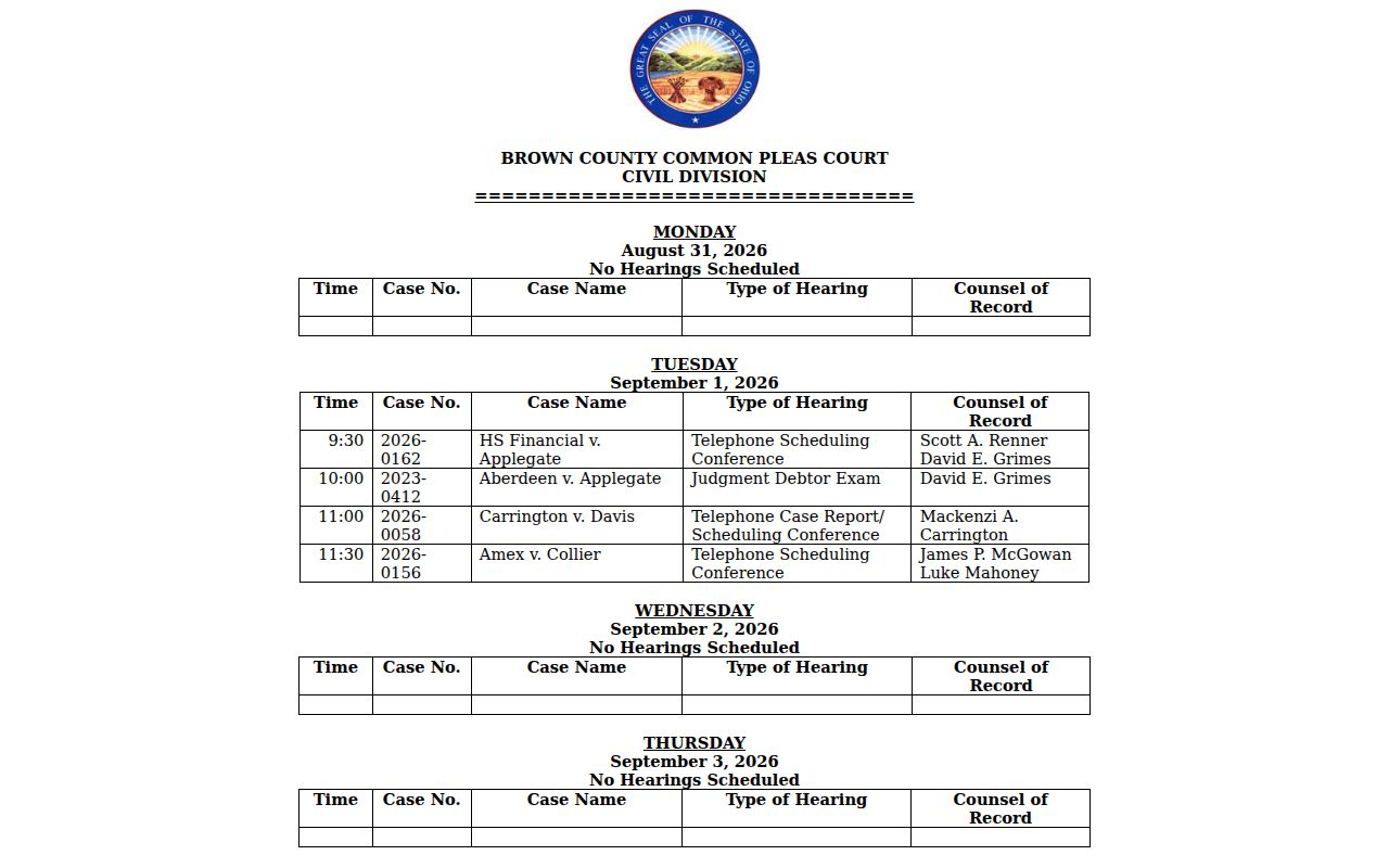 Brown County civil court docket Common Pleas weekly hearing calendar