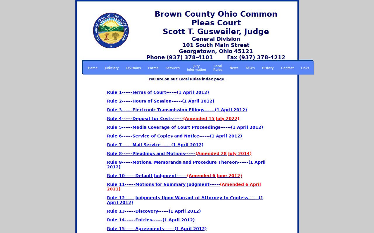 Brown County civil court docket Common Pleas local rules page