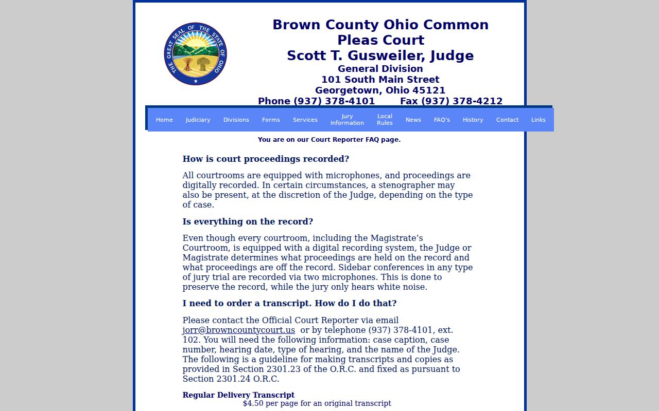 Brown County court case records and court reporter transcript information