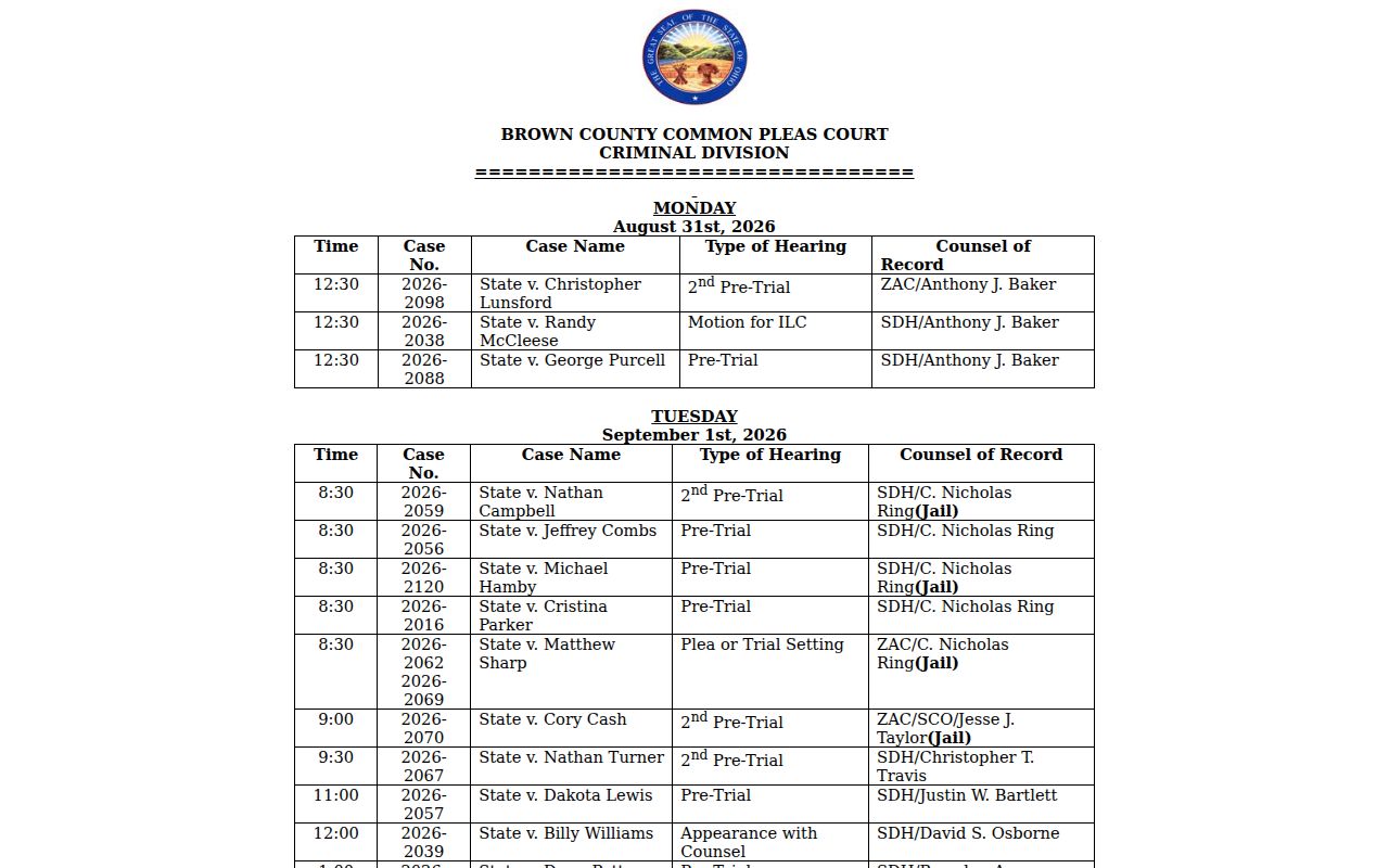 Brown County criminal court docket weekly Common Pleas hearing calendar