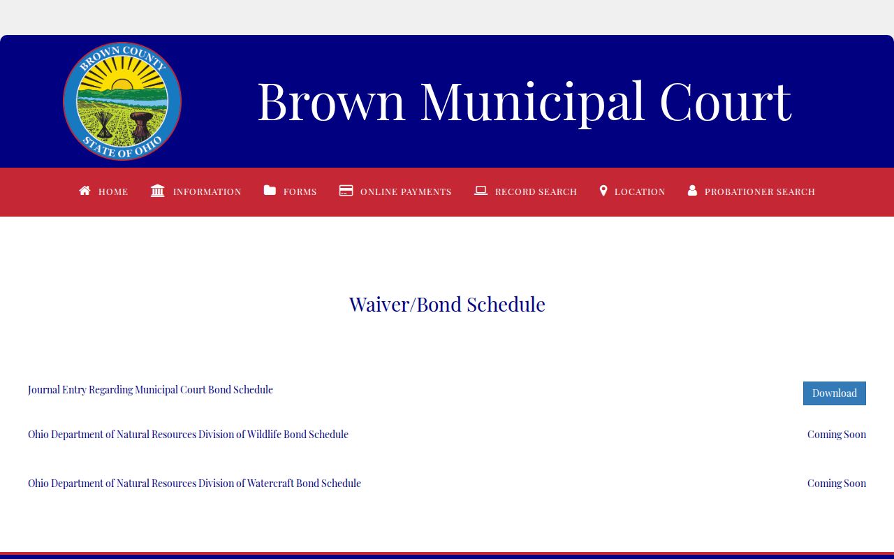 Brown County traffic court records waiver and bond schedule page